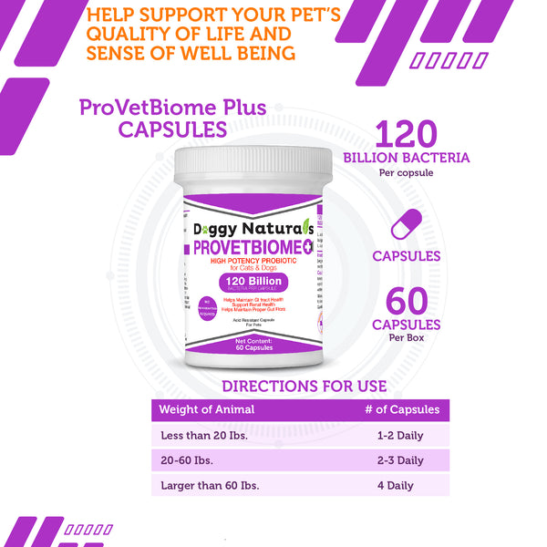 ProVetBiome Plus High Quality Probiotics Supplement Formulation for Cats & Dogs (60 Capsules) Made in U.S.A - NO Refrigeration Required !!