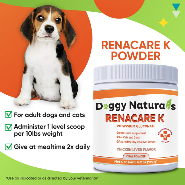 RenaCare K is for Renal K (Potassium Gluconate) Potassium Supplement Powder for Dogs and Cats,(4 oz)with Chicken Liver Flavor-215 Level Scoop ( U.S.A)