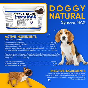Synove Max Soft Chews for Dogs (240 Count) Beef Flavor, Joint Supplement, Glucosamine, Turmeric, Boswelllia, Creatine for All Ages, Sizes and Breeds